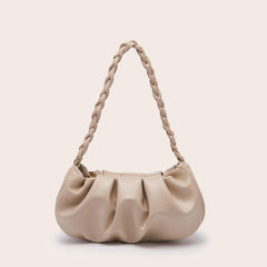 Apricot Ruched Shoulder Bag Braided Handle Purse For Women Faux Leather Handbag