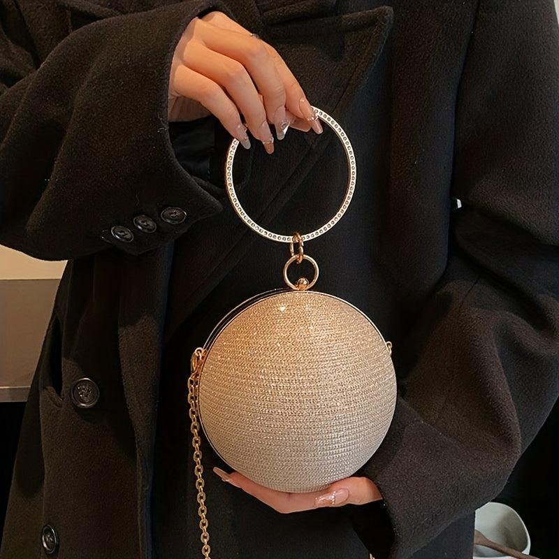 Glitter Circle Evening Bag Rhinestone Ring Clutch Purse Chain Handbag