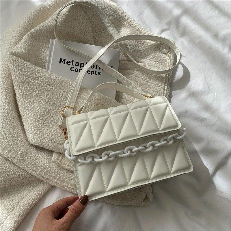 Argyle Quilted Crossbody Bag Chain Decor Handbag Small Square Purse