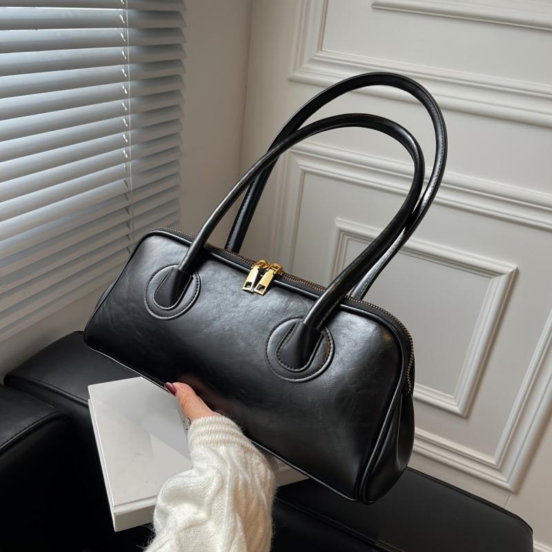 Retro Style Handbag Double Zipper Bag Solid Shoulder Bag