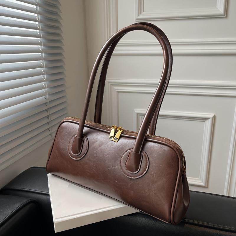 Retro Style Handbag Double Zipper Bag Solid Shoulder Bag
