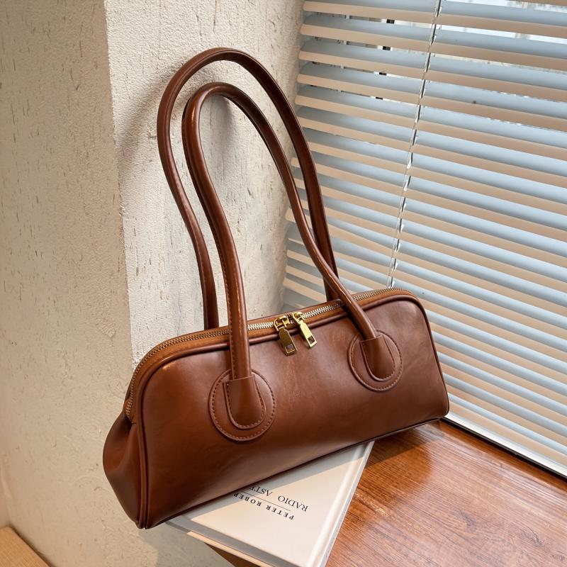 Retro Style Handbag Double Zipper Bag Solid Shoulder Bag