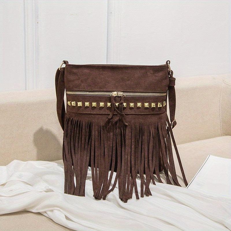Vintage Suede Crossbody Bag Tassel Fringe Shoulder Bag Purse