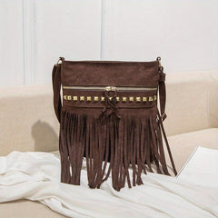 Vintage Suede Crossbody Bag Tassel Fringe Shoulder Bag Purse