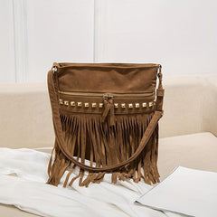 Vintage Suede Crossbody Bag Tassel Fringe Shoulder Bag Purse
