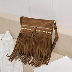 Vintage Suede Crossbody Bag Tassel Fringe Shoulder Bag Purse