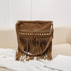Vintage Suede Crossbody Bag Tassel Fringe Shoulder Bag Purse