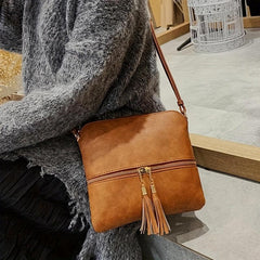 Retro Solid Shoulder Bag Casual PU Leather Crossbody Bag With Tassel Pendant