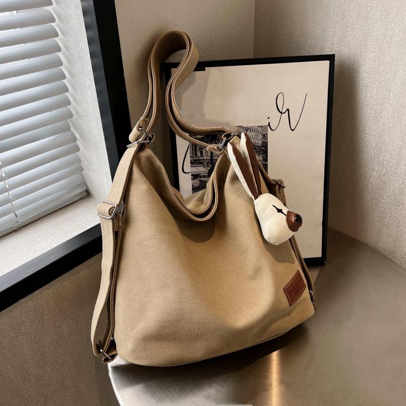 Khaki Canvas Durable Handbag Zipper Large Capacity Shoulder Bag