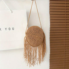 Summer Straw Round Bag Crossbody Holiday Tassel Decor Bag