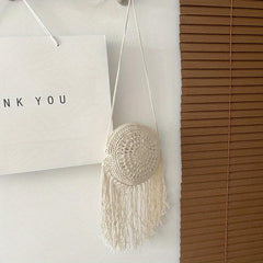Summer Straw Round Bag Crossbody Holiday Tassel Decor Bag