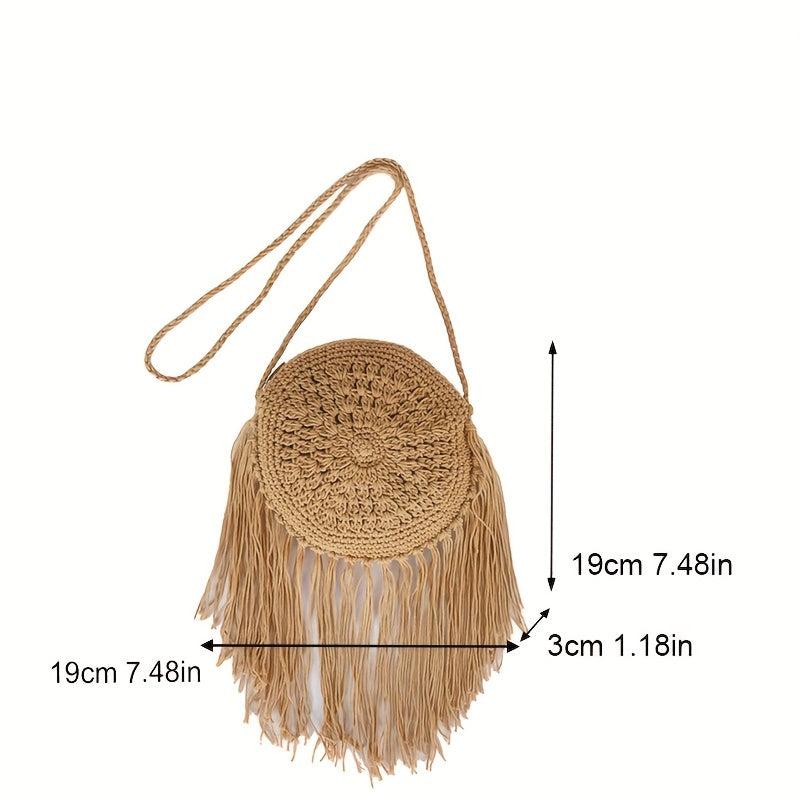 Summer Straw Round Bag Crossbody Holiday Tassel Decor Bag