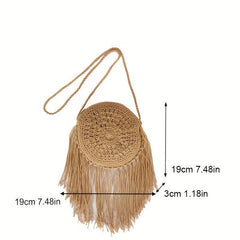 Summer Straw Round Bag Crossbody Holiday Tassel Decor Bag