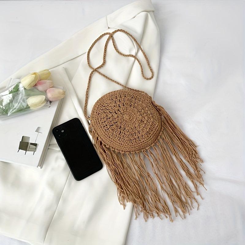 Summer Straw Round Bag Crossbody Holiday Tassel Decor Bag