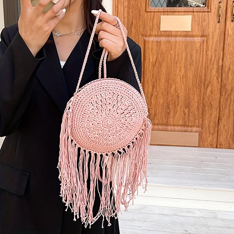 Summer Straw Round Bag Crossbody Holiday Tassel Decor Bag