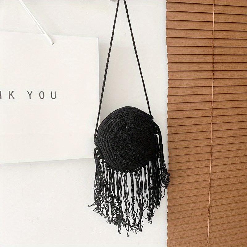 Summer Straw Round Bag Crossbody Holiday Tassel Decor Bag
