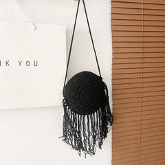 Summer Straw Round Bag Crossbody Holiday Tassel Decor Bag