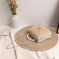 Straw Crossbody Bag with Chain Shoulder Strap and Pearl Handle