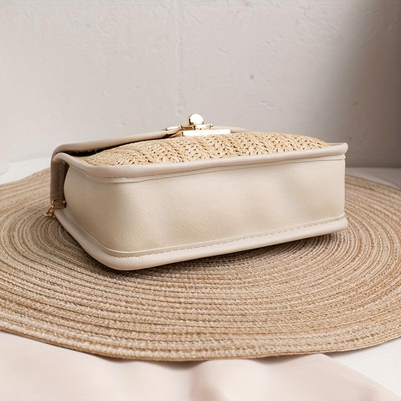 Straw Crossbody Bag with Chain Shoulder Strap and Pearl Handle