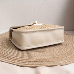 Straw Crossbody Bag with Chain Shoulder Strap and Pearl Handle