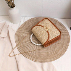 Straw Crossbody Bag with Chain Shoulder Strap and Pearl Handle