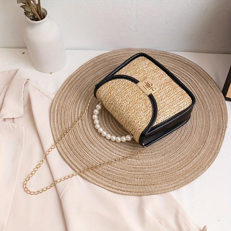 Straw Crossbody Bag with Chain Shoulder Strap and Pearl Handle