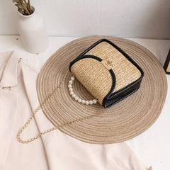 Straw Crossbody Bag with Chain Shoulder Strap and Pearl Handle