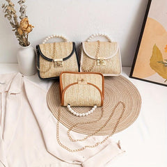 Straw Crossbody Bag with Chain Shoulder Strap and Pearl Handle