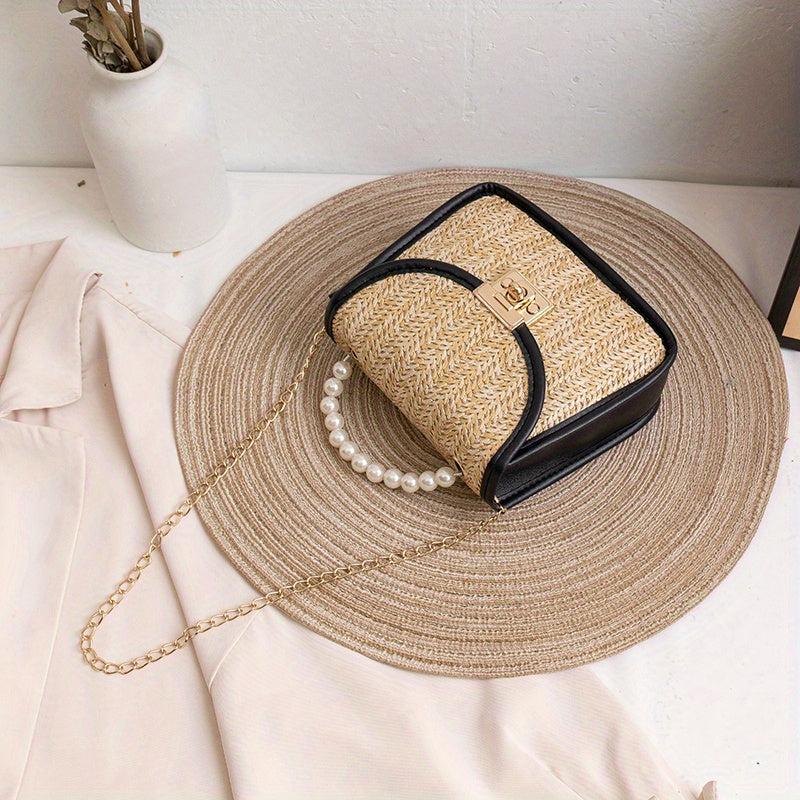 Straw Crossbody Bag with Chain Shoulder Strap and Pearl Handle