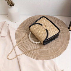 Straw Crossbody Bag with Chain Shoulder Strap and Pearl Handle
