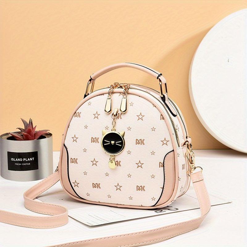 Cat Shape Pendant Shoulder Bag Double Zipper Top Handle Handbag