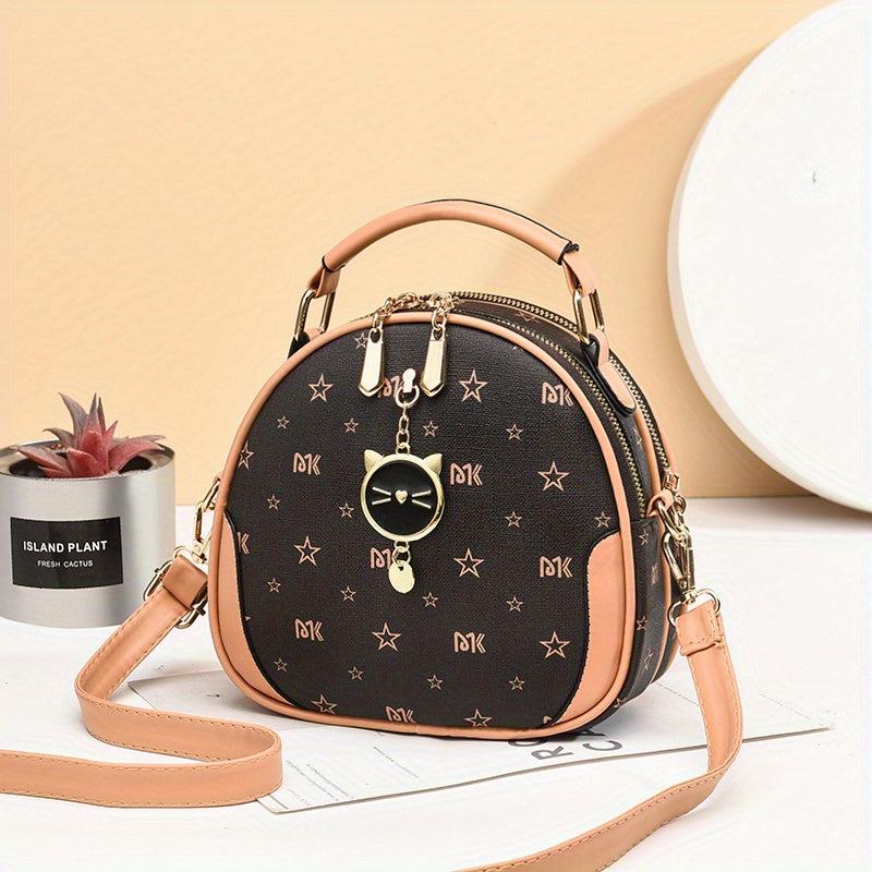 Cat Shape Pendant Shoulder Bag Double Zipper Top Handle Handbag