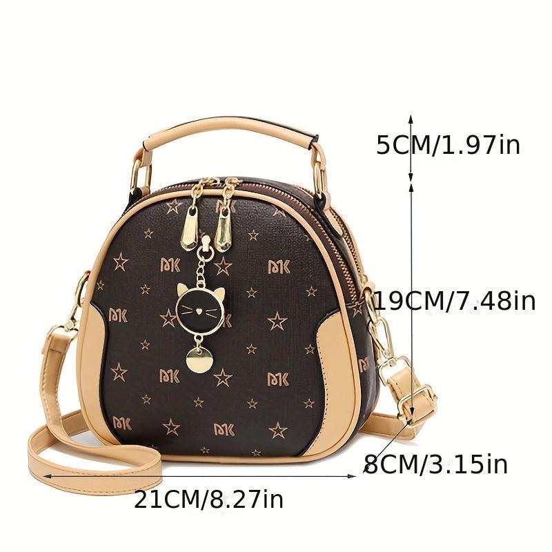 Cat Shape Pendant Shoulder Bag Double Zipper Top Handle Handbag