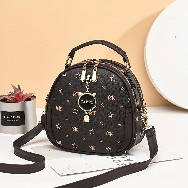 Cat Shape Pendant Shoulder Bag Double Zipper Top Handle Handbag