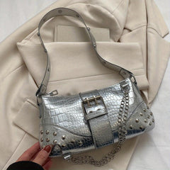 Crocodile Patten Embossed Studded Shoulder Bag Punk Style