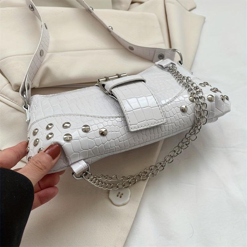 Crocodile Patten Embossed Studded Shoulder Bag Punk Style