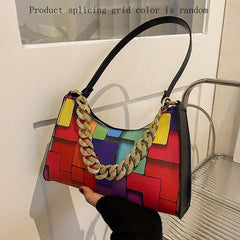 Colorblock Underarm Bag Chain Handbag Leather Shoulder Purse