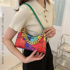Colorblock Underarm Bag Chain Handbag Leather Shoulder Purse