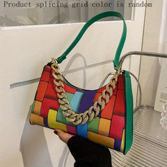 Colorblock Underarm Bag Chain Handbag Leather Shoulder Purse
