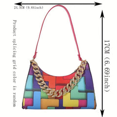 Colorblock Underarm Bag Chain Handbag Leather Shoulder Purse