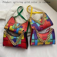 Colorblock Underarm Bag Chain Handbag Leather Shoulder Purse