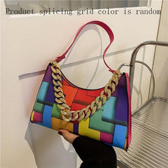 Colorblock Underarm Bag Chain Handbag Leather Shoulder Purse