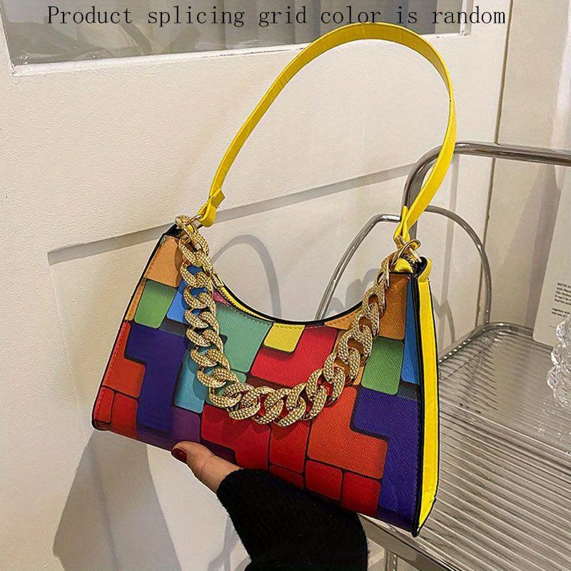 Colorblock Underarm Bag Chain Handbag Leather Shoulder Purse