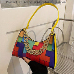 Colorblock Underarm Bag Chain Handbag Leather Shoulder Purse