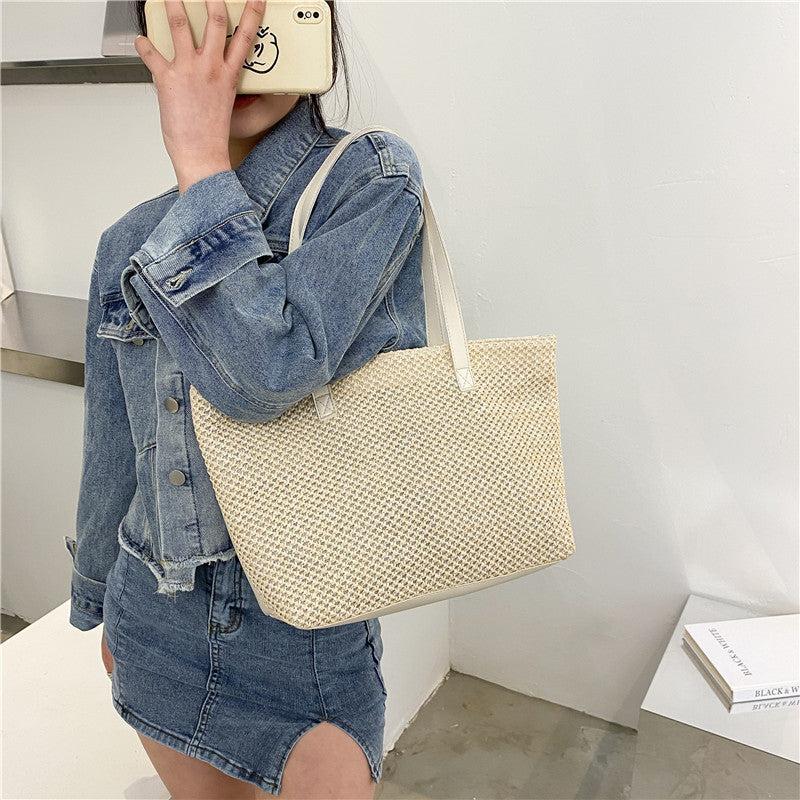 Straw Woven Summer Tote Bag Large Capacity Beach Shoulder Bag Women's Handbag