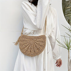 Boho Style Round Tassel Woven Straw Bag Crossbody Beach Bag