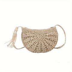 Boho Style Round Tassel Woven Straw Bag Crossbody Beach Bag