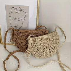 Boho Style Round Tassel Woven Straw Bag Crossbody Beach Bag