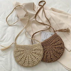 Boho Style Round Tassel Woven Straw Bag Crossbody Beach Bag