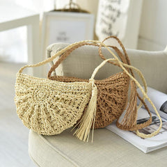 Boho Style Round Tassel Woven Straw Bag Crossbody Beach Bag